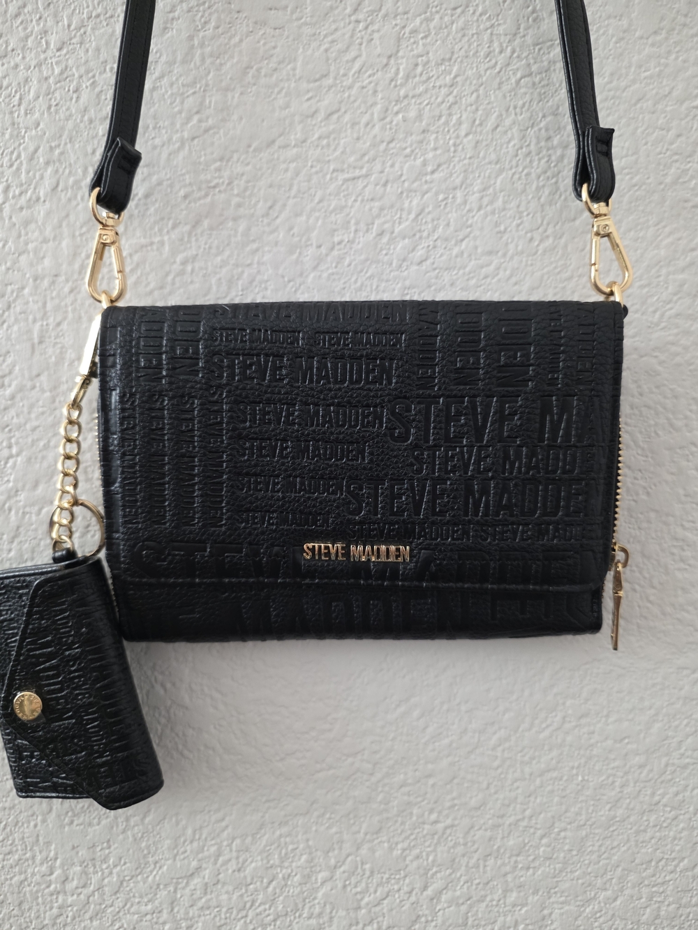 Steve Madden Black Embossed Logo Crossbody with Gold Hardware